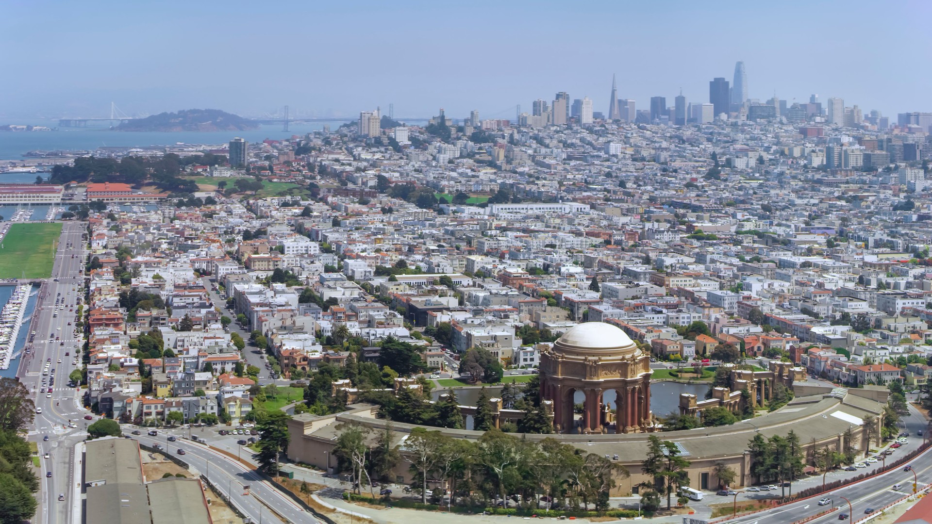 Aerial view of Palace of Fine Arts with the city of San Francisco in the background